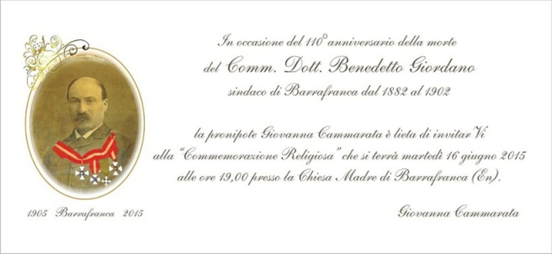 Domani Commemorazione religiosa in ricordo dell’ex-sindaco Comm. Benedetto Giordano