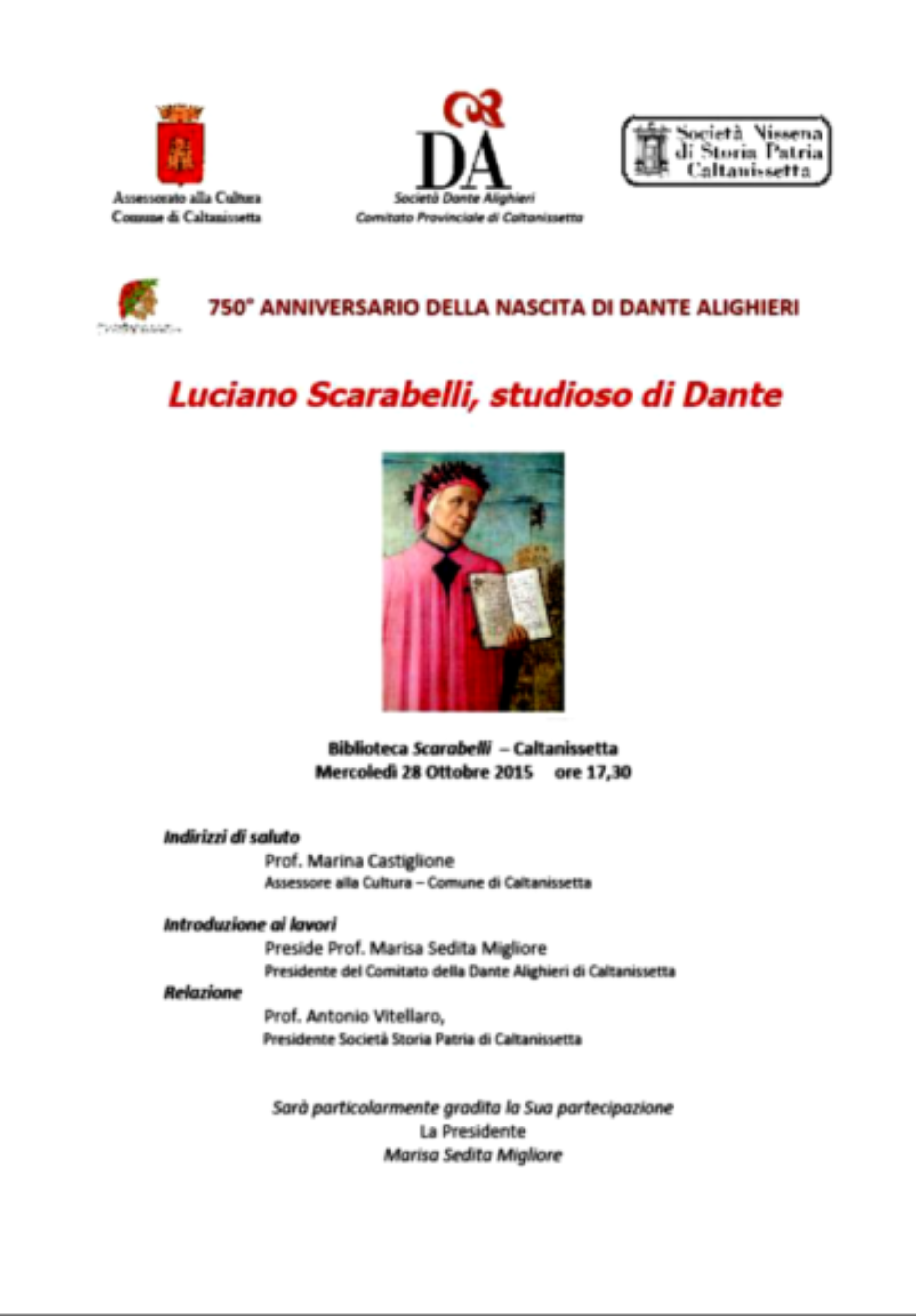 Incontro a Caltanissetta per i 750 anni dalla nascita di Dante dal titolo “Luciano Scarabelli studioso di Dante”