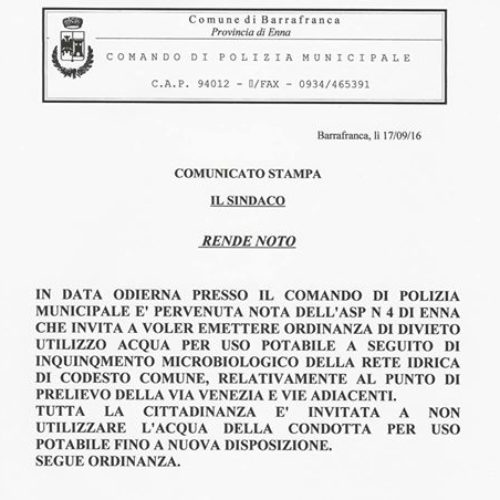 Acqua inquinata in via Venezia e vie adiacenti. Ordinanza sindacale di divieto per uso potabile