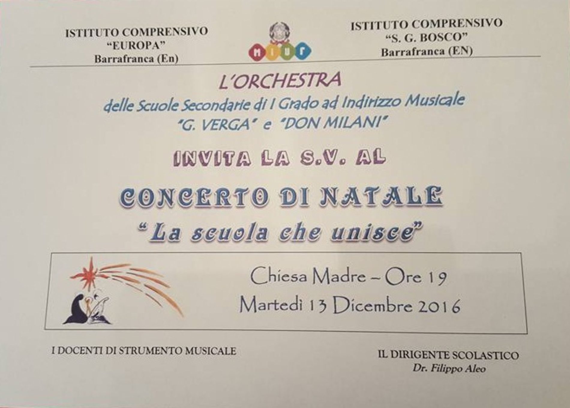 CONCERTO DI NATALE “La scuola che unisce”- l’orchestra delle scuole VERGA e DON MILANI