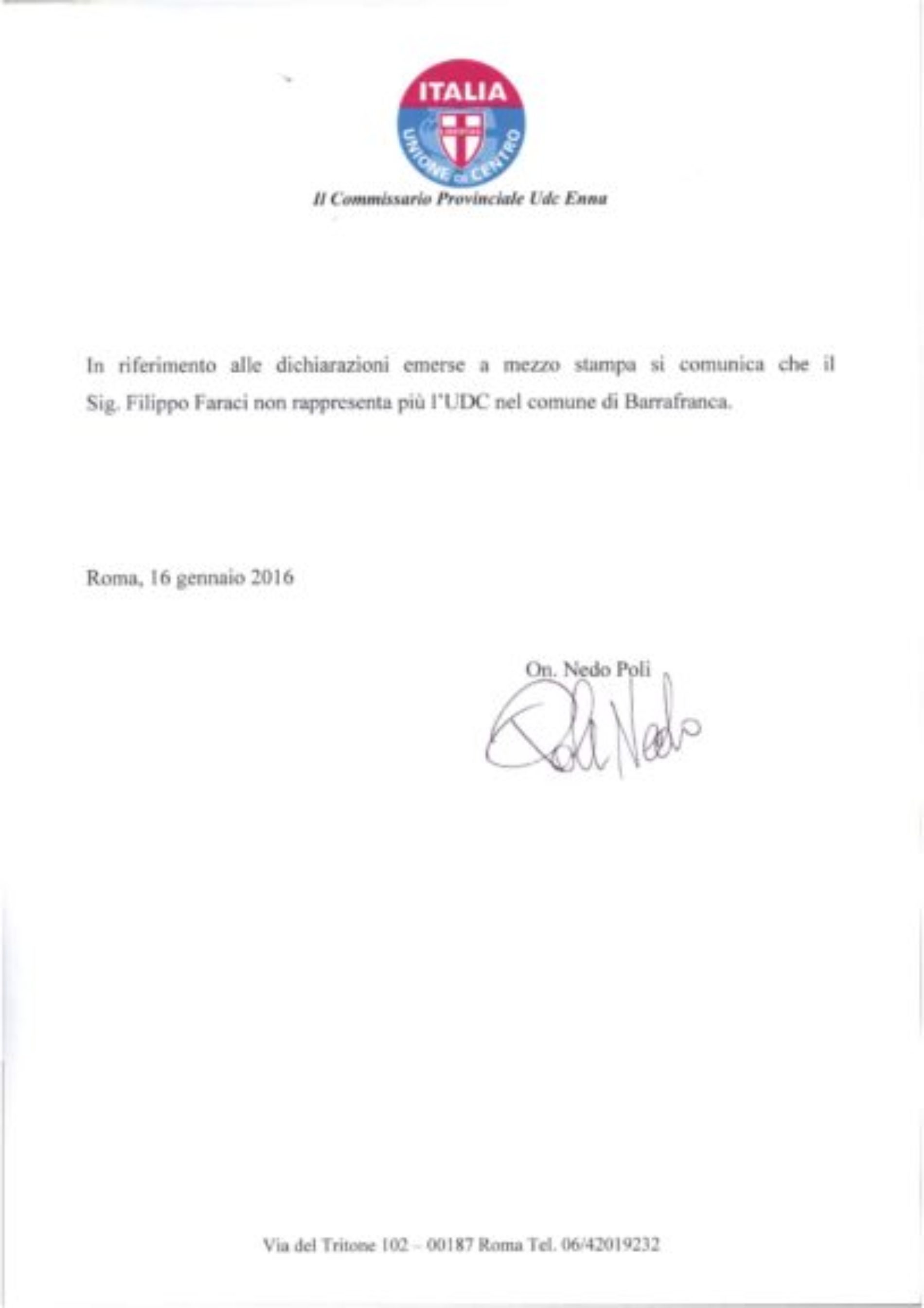 Filippo Faraci non rappresenta l’UDC a Barrafranca