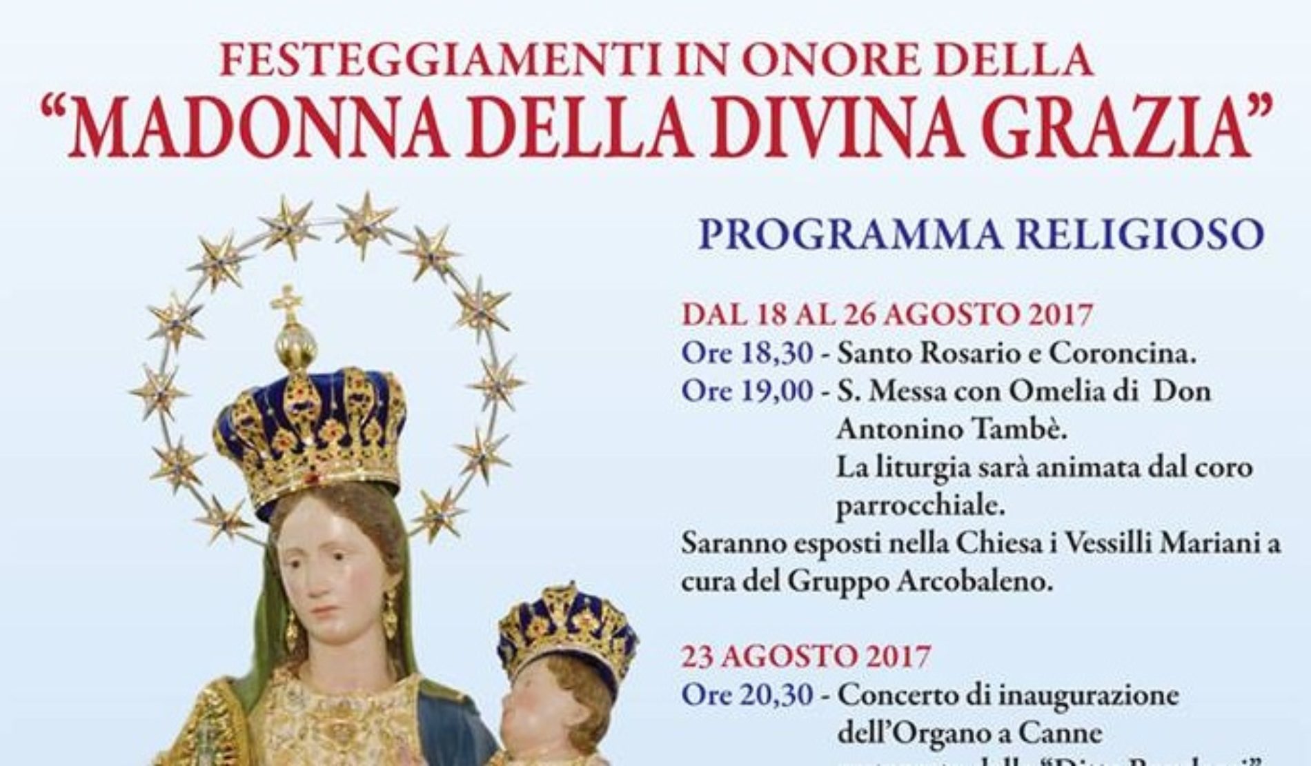 Programma religioso festeggiamenti “Madonna della Divina Grazia” di Barrafranca