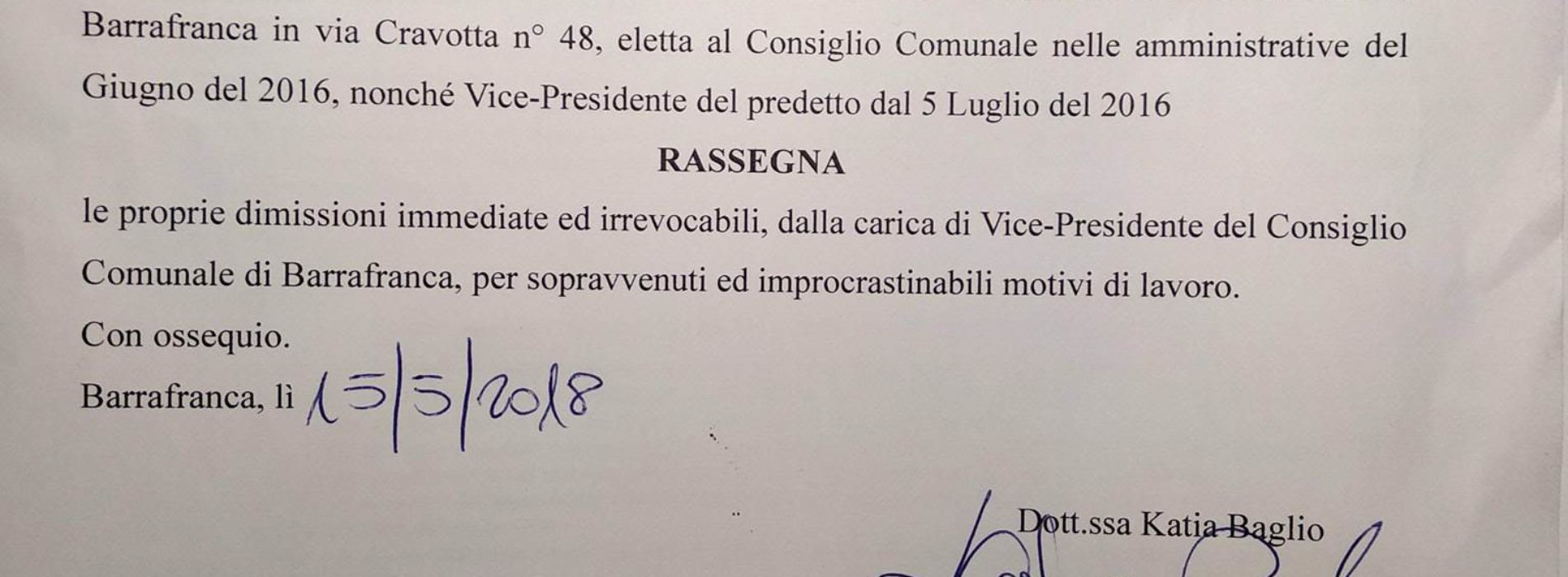 Barrafranca. Si dimette Katia Baglio vicepresidente del consiglio comunale