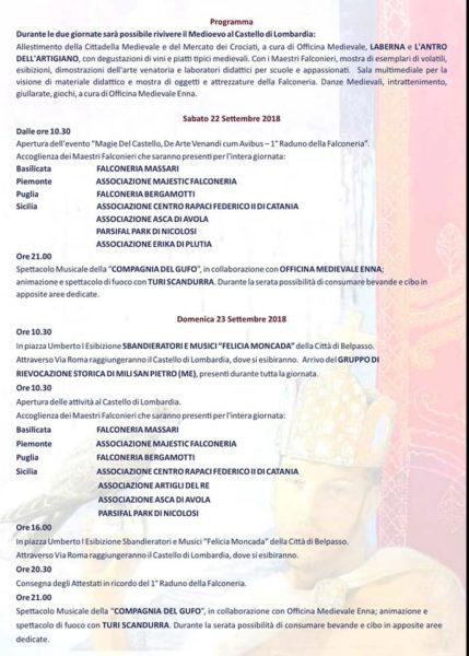 Programma "Magie del Castello" 22 23 settembre 2018 Enna