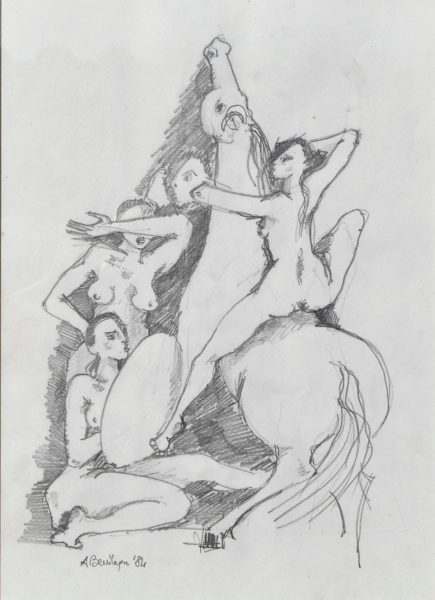 AMAZZONI 1, matita su cartoncino cm. 24x33, anno 1984