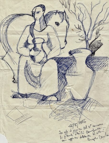 DONNA CON VASO, biro su carta cm. 22x28, anno 1986