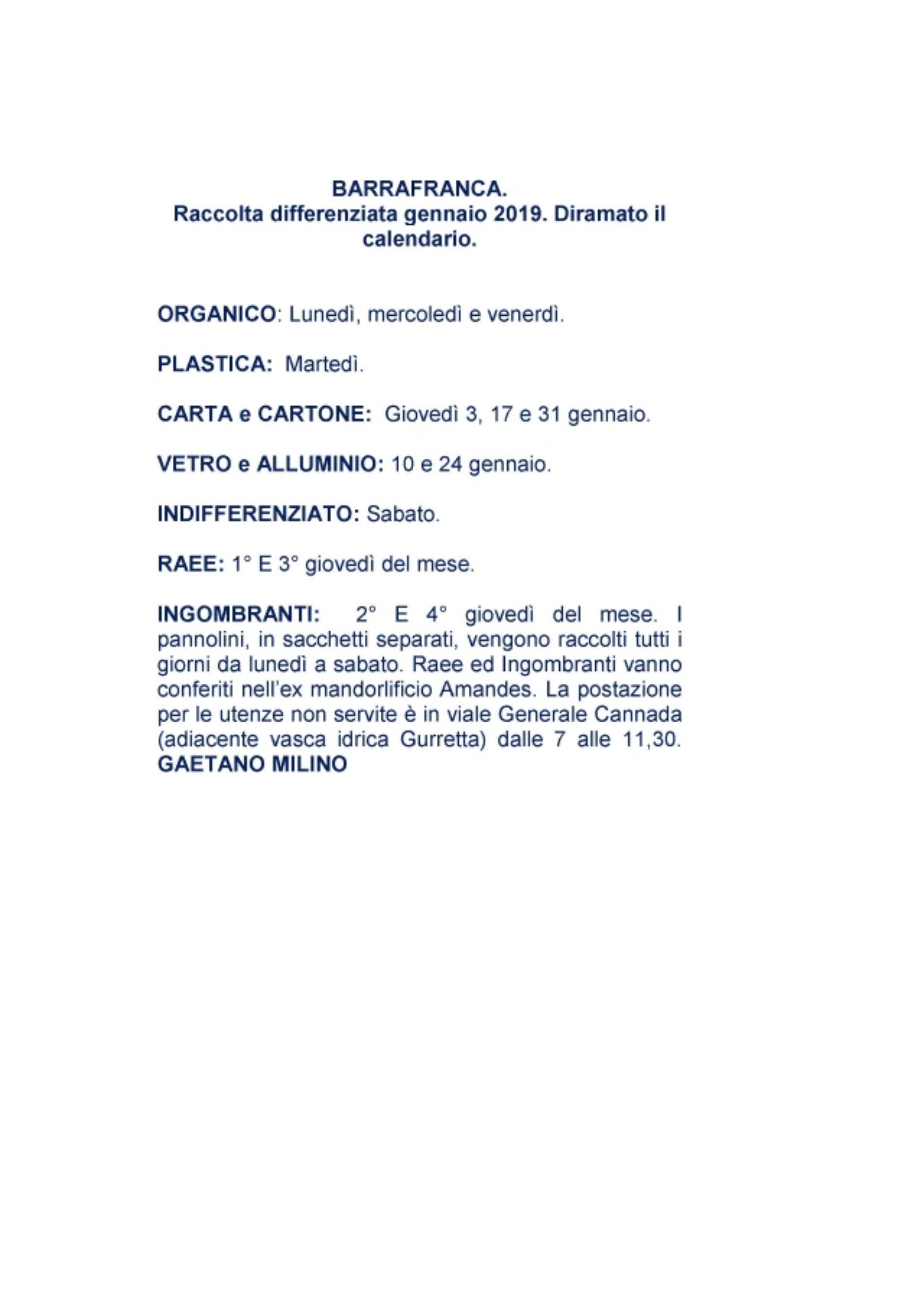 BARRAFRANCA.  Raccolta differenziata gennaio 2019. Diramato il calendario.