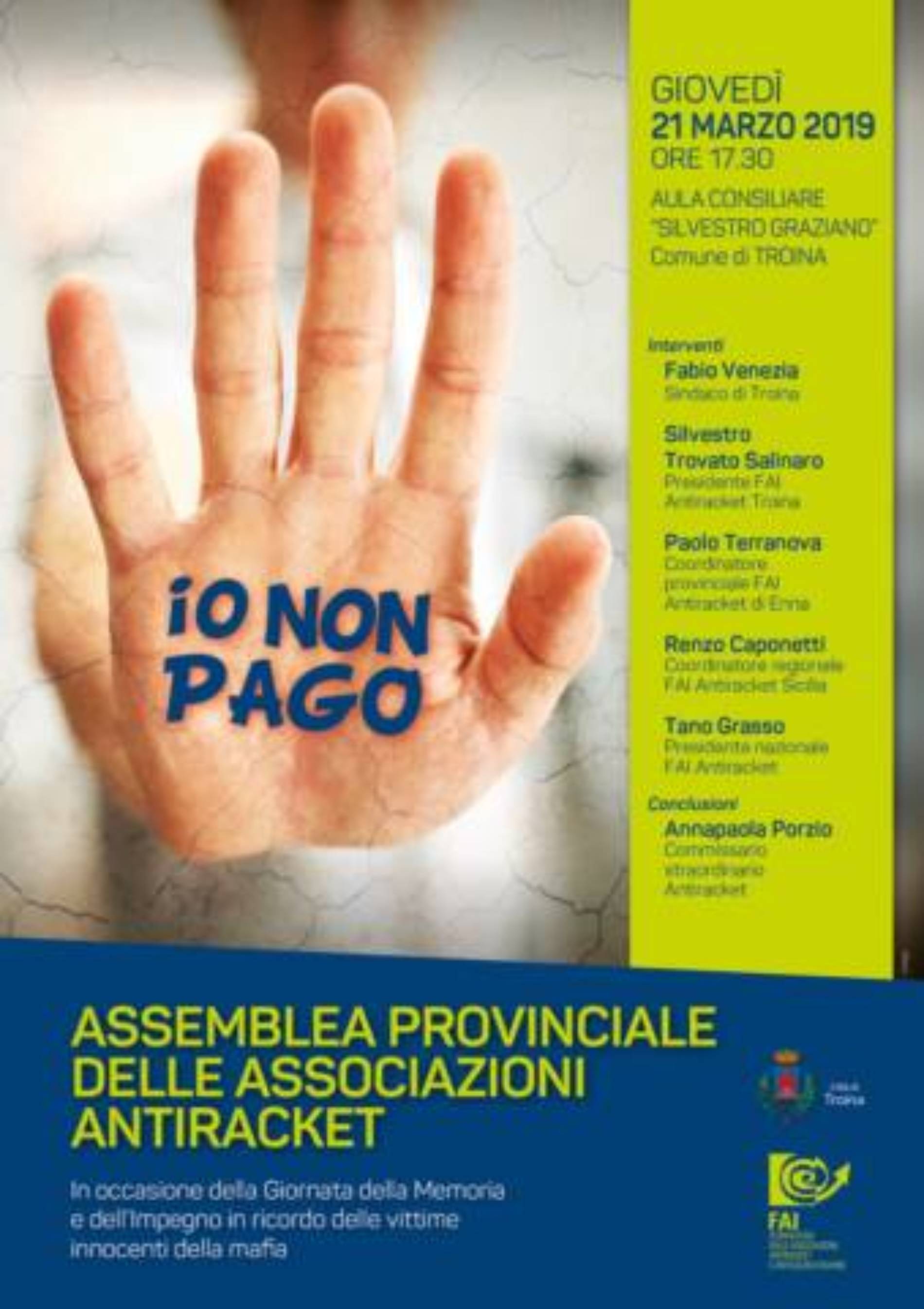 Troina. Giovedi’ 21 marzo l’assemblea provinciale delle associazioni antiracket