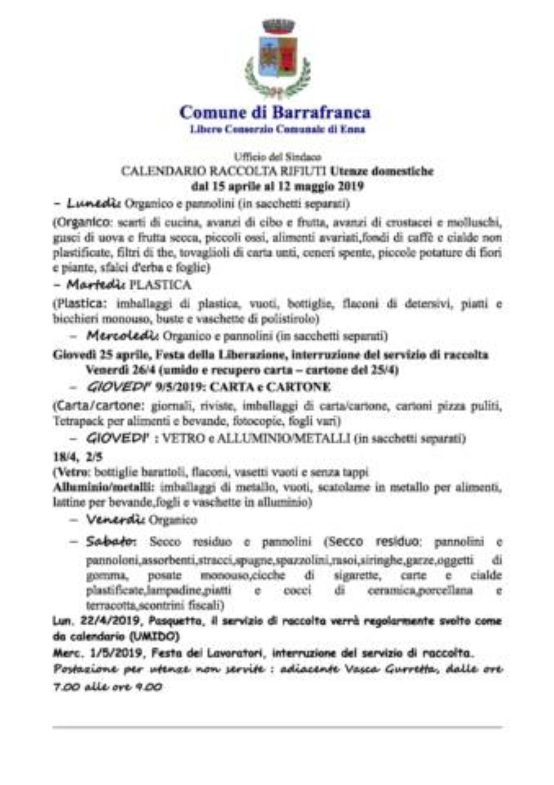 Barrafranca. E’ uscito il nuovo calendario della raccolta dei rifiuti