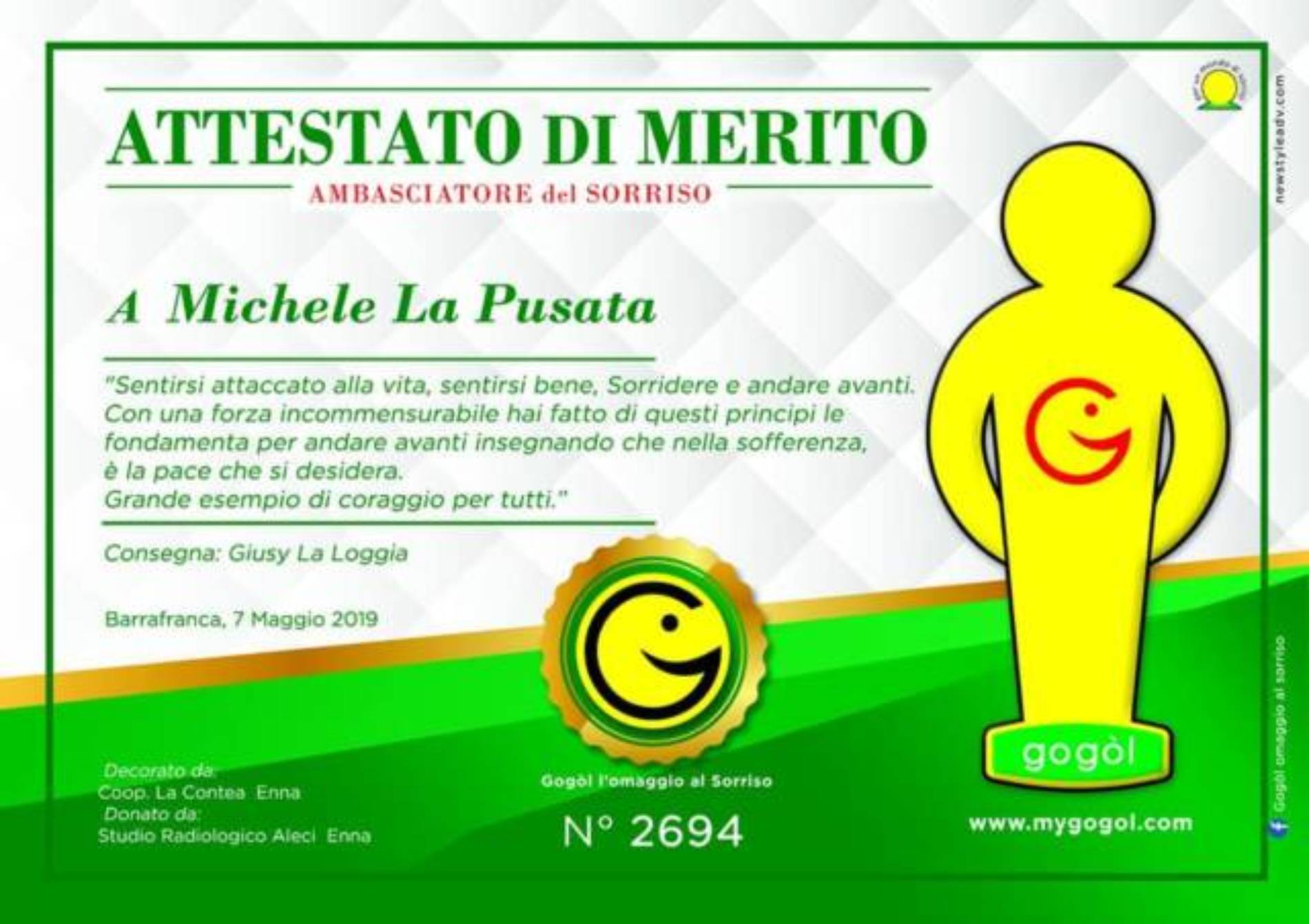 Barrafranca. [VIDEO] Michele La Pusata riceve il Gogol,  “Missione sorrisi” compiuta!