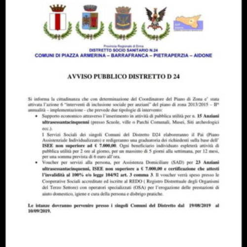 Barrafranca – Distretto24, importante iniziativa per gli anziani, le domande entro il 10 settembre