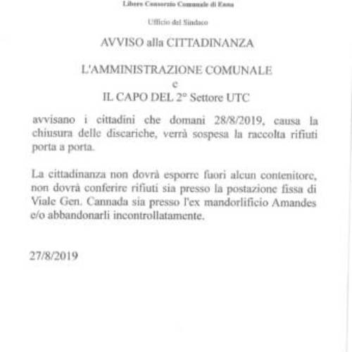 BARRAFRANCA – SOSPESA LA RACCOLTA DIFFERENZIATA PER MERCOLEDI’ 28 AGOSTO