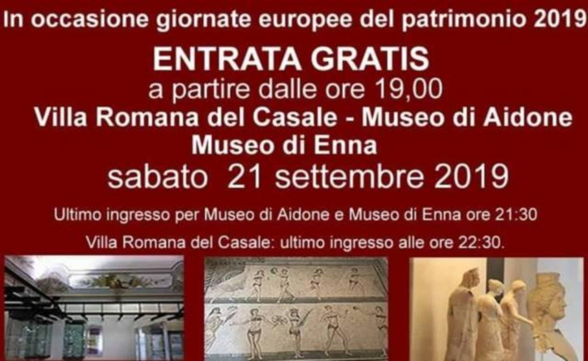 Il 21 settembre a partire dalle ore 19.00 saranno aperti gratuitamente la Villa Romane del Casale e i Musei di Aidone e Enna