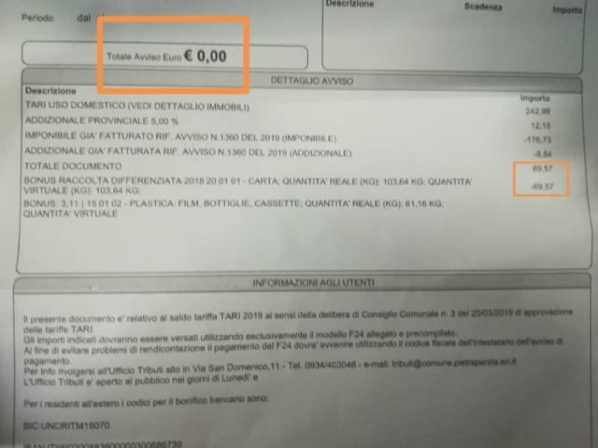 PIETRAPERZIA. Arrivano i primi sconti nella bolletta Tari.