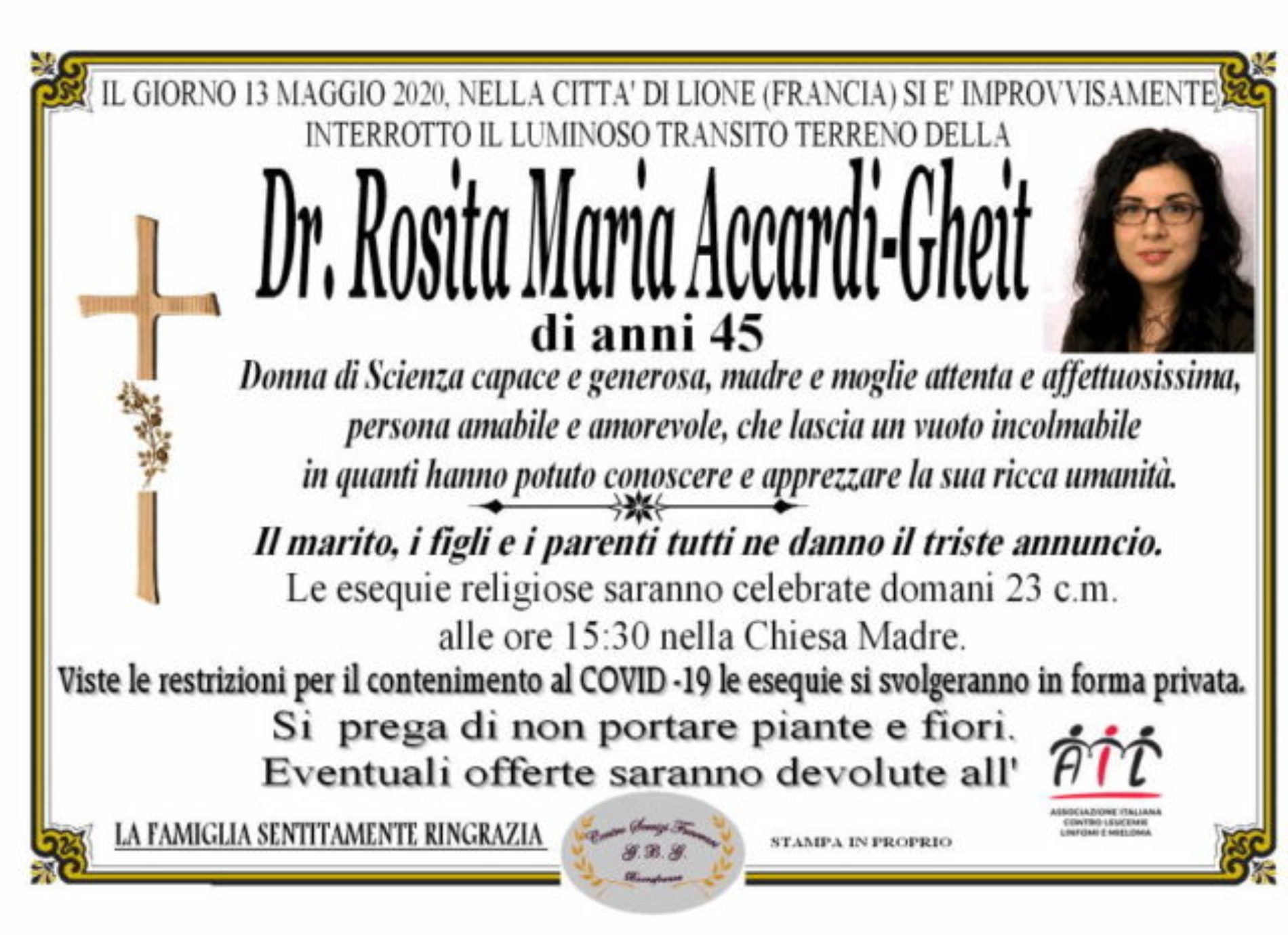 Annuncio Centro servizi funerari G.B.G. Dr. Rosita Accardi Gheit