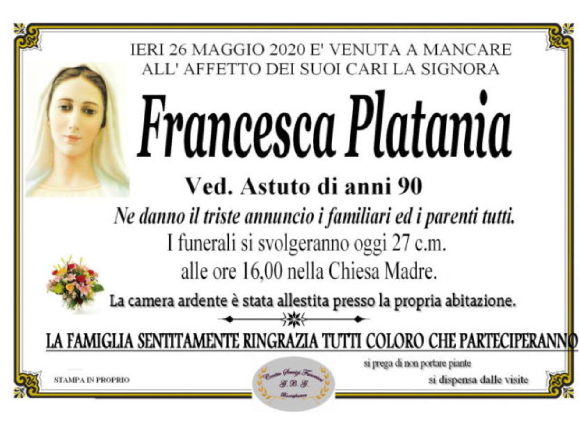 Annuncio Centro servizi funerari G.B.G. Francesca Platania ved. Astuto