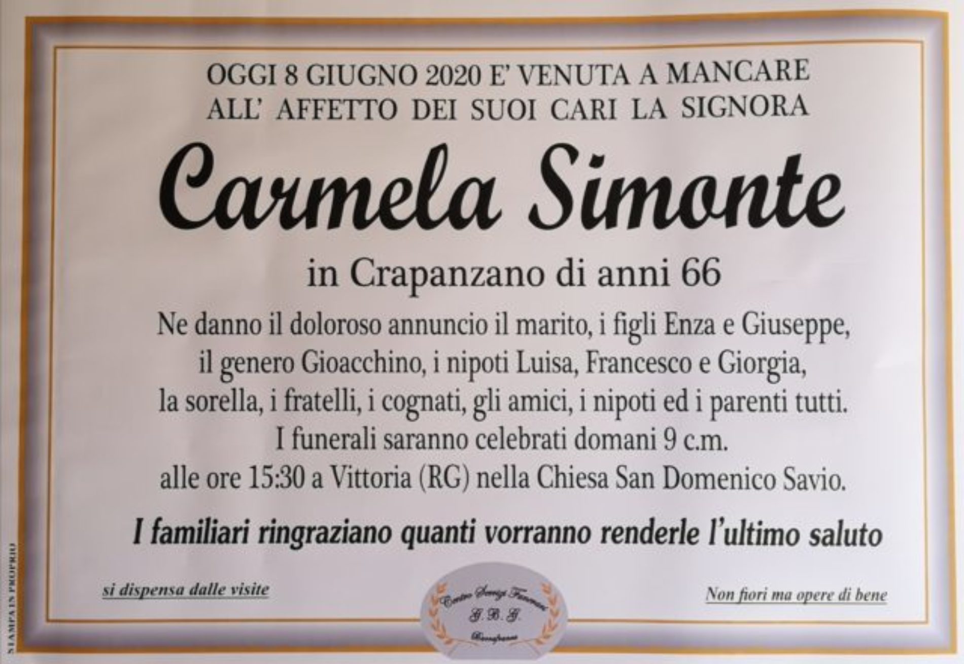 Annuncio Centro servizi funerari G.B.G. Carmela Simonte 66