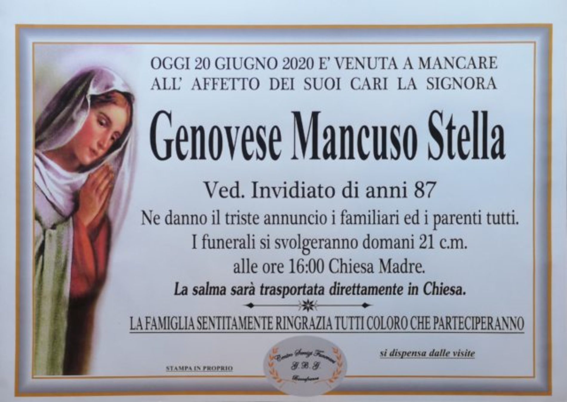 Annuncio Centro servizi funerari G.B.G.  Genovese Mancuso Stella 87