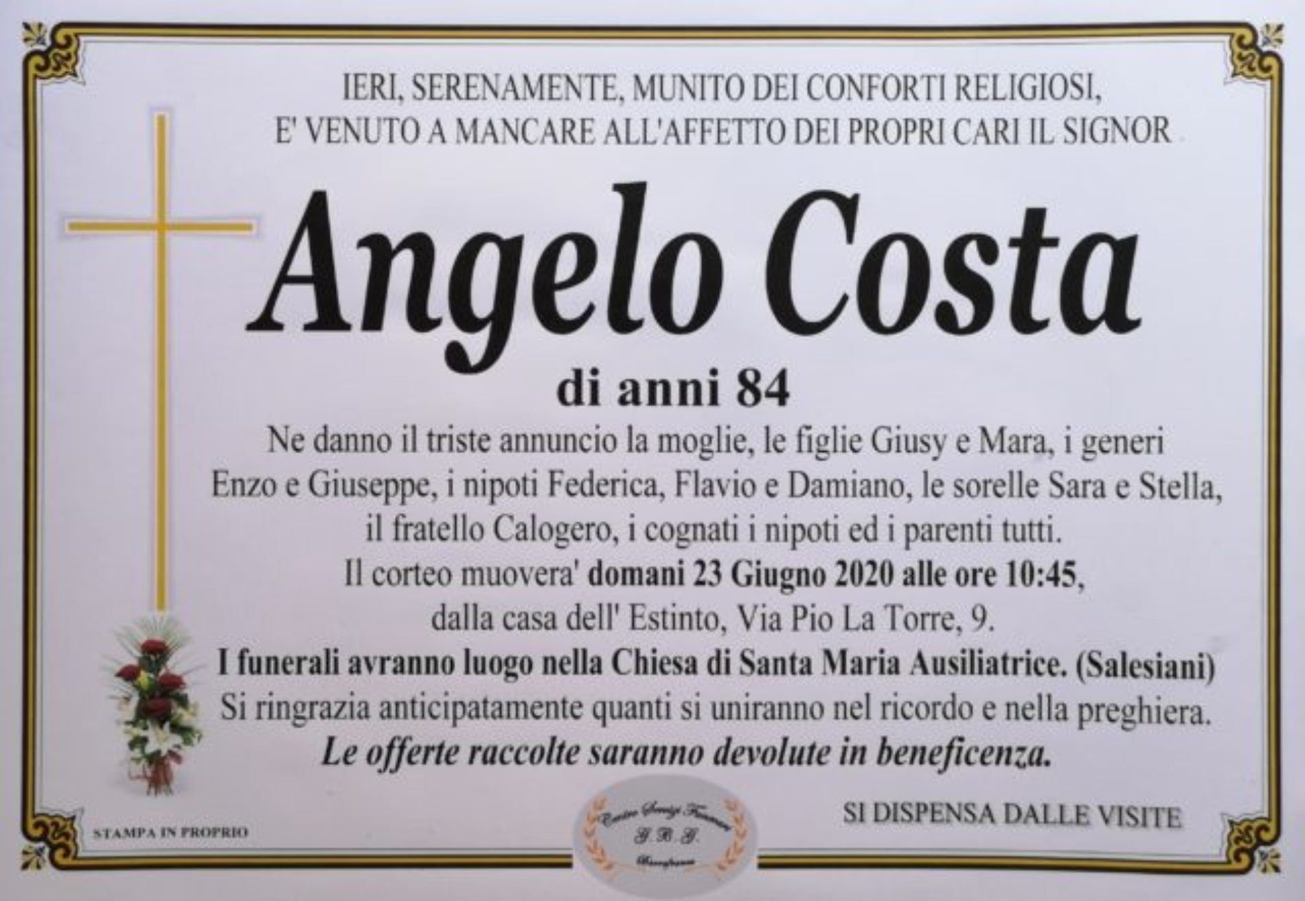 Annuncio Centro servizi funerari G.B.G. Angelo Costa 84