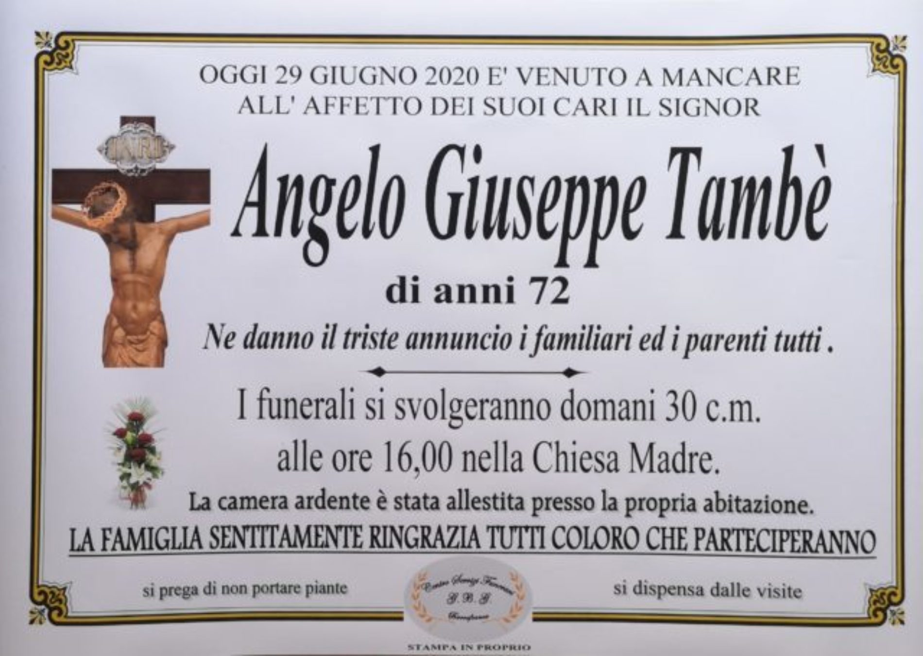 Annuncio Centro servizi funerari G.B.G. Angelo Giuseppe Tambè 72 anni