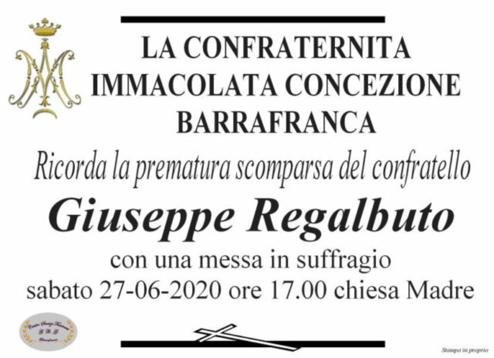 Annuncio G.B.G. Messa in suffragio del compianto Giuseppe Regalbuto
