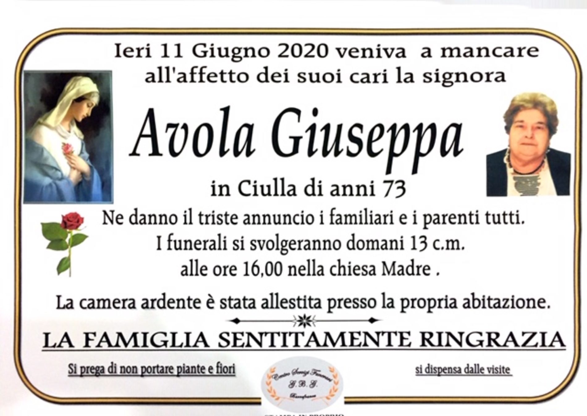 Annuncio Centro servizi funerari G.B.G. Avola Giuseppa 73