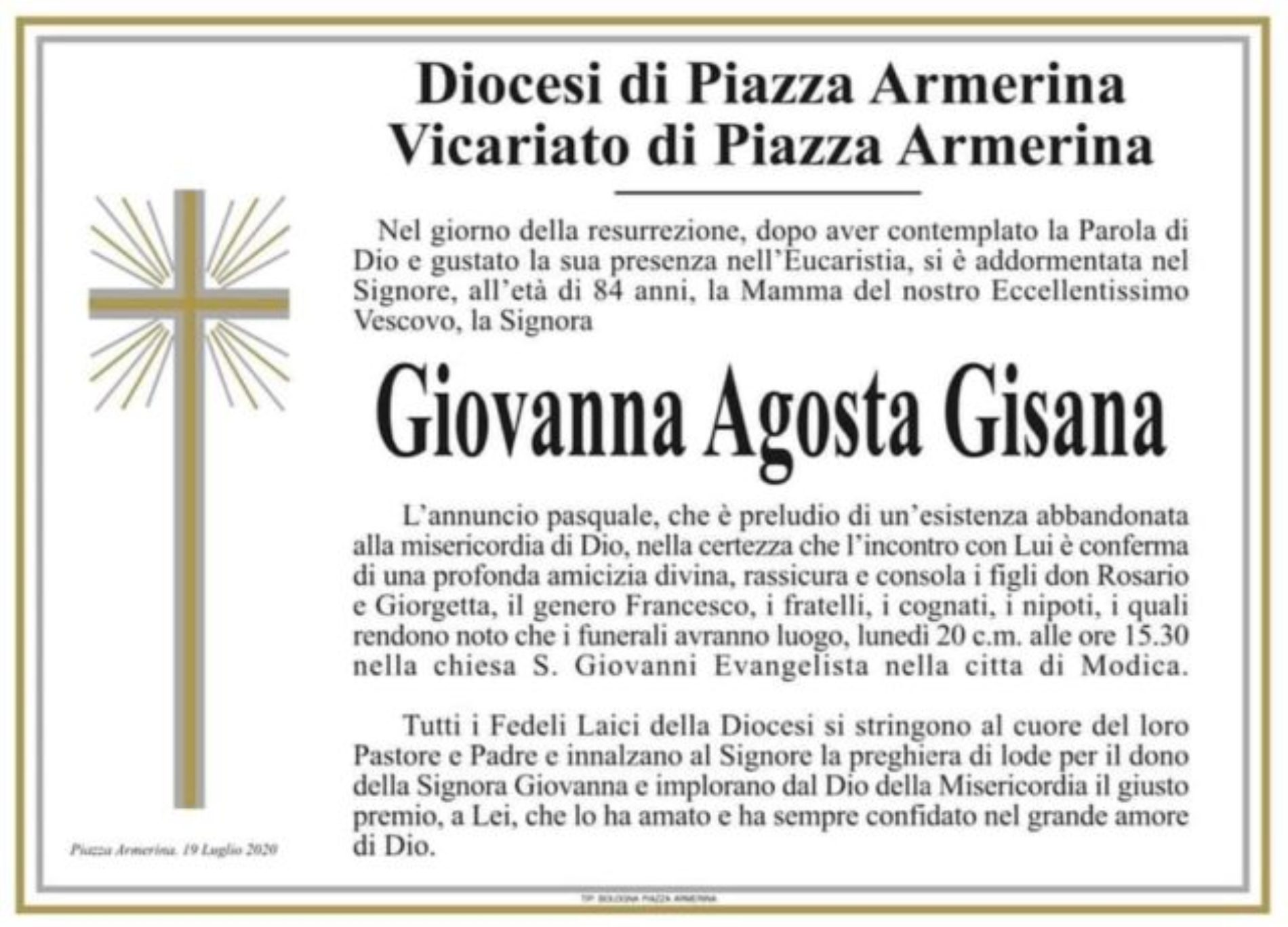 MODICA. Domani pomeriggio i funerali della signora Giovanna Agosta madre di monsignor Rosario Gisana