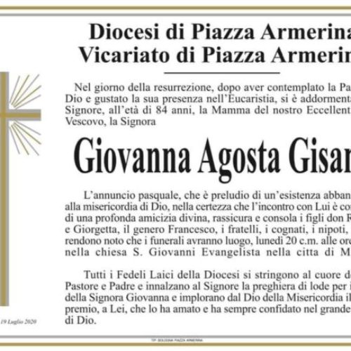 MODICA. Domani pomeriggio i funerali della signora Giovanna Agosta madre di monsignor Rosario Gisana