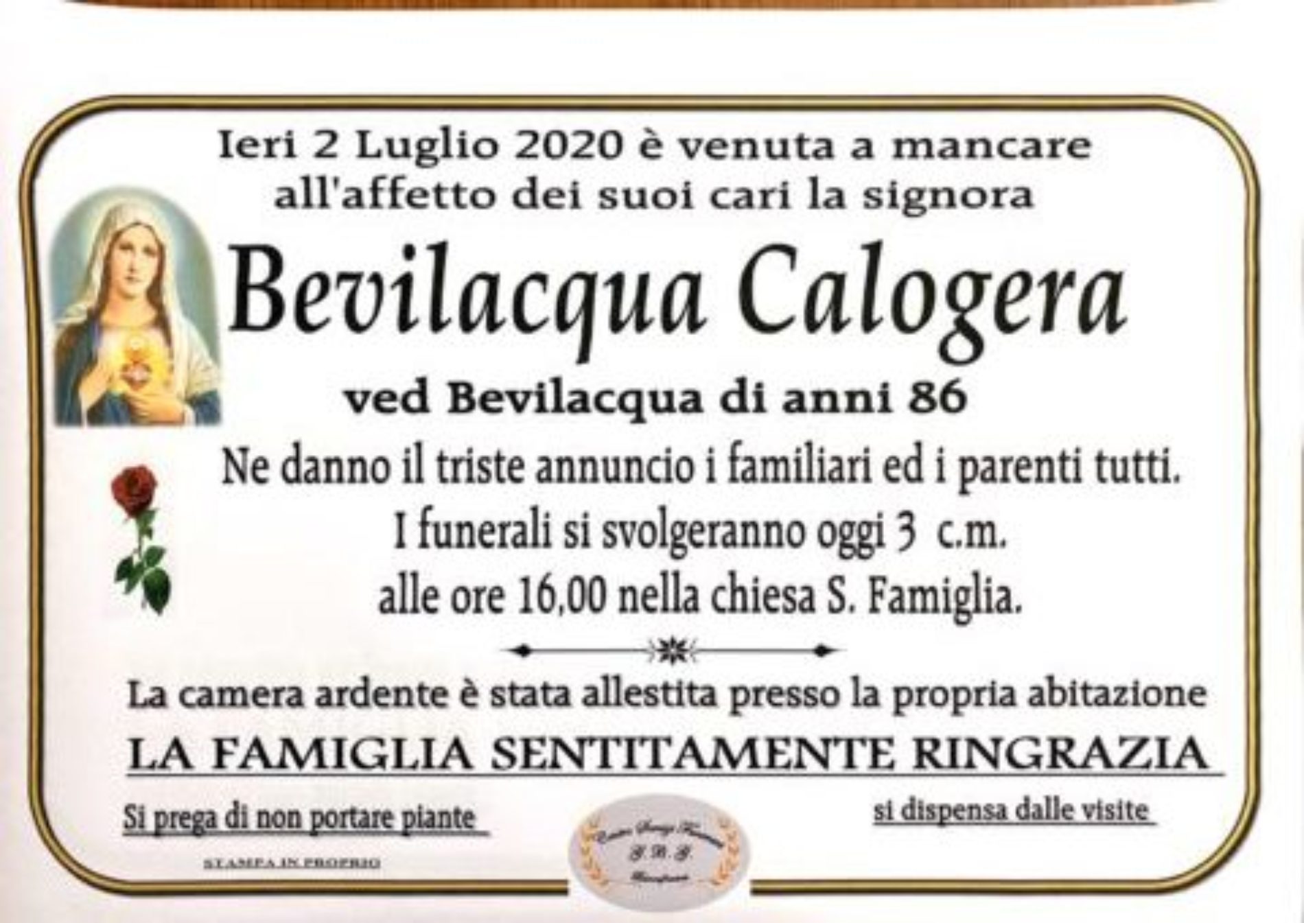 Annuncio Centro servizi funerari G.B.G. Bevilacqua Calogera ved Bevilacqua anni 86