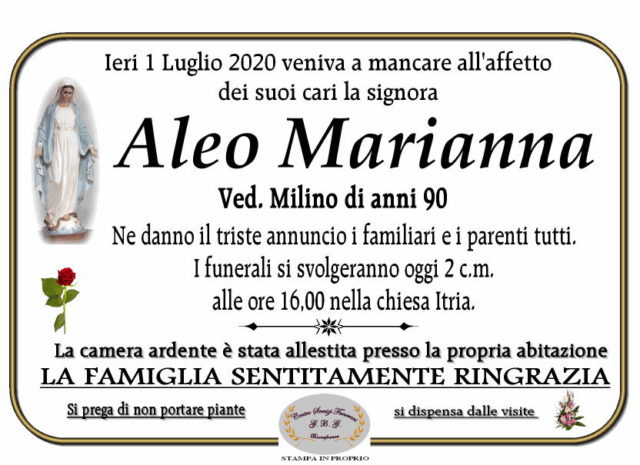 ANNUNCIO di ALEO MARIANNA VED. MILINO