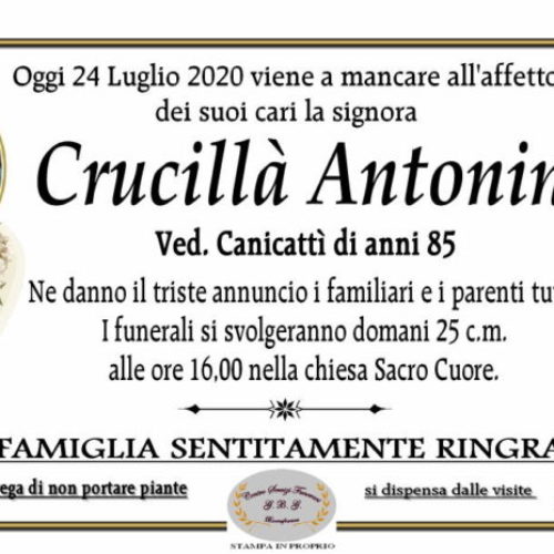 Annuncio Centro servizi funerari G.B.G. Crucillà Antonina ved Canicattì anni 85