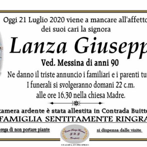 Annuncio Centro servizi funerari G.B.G.; Lanza Giuseppa ved Messina anni 90