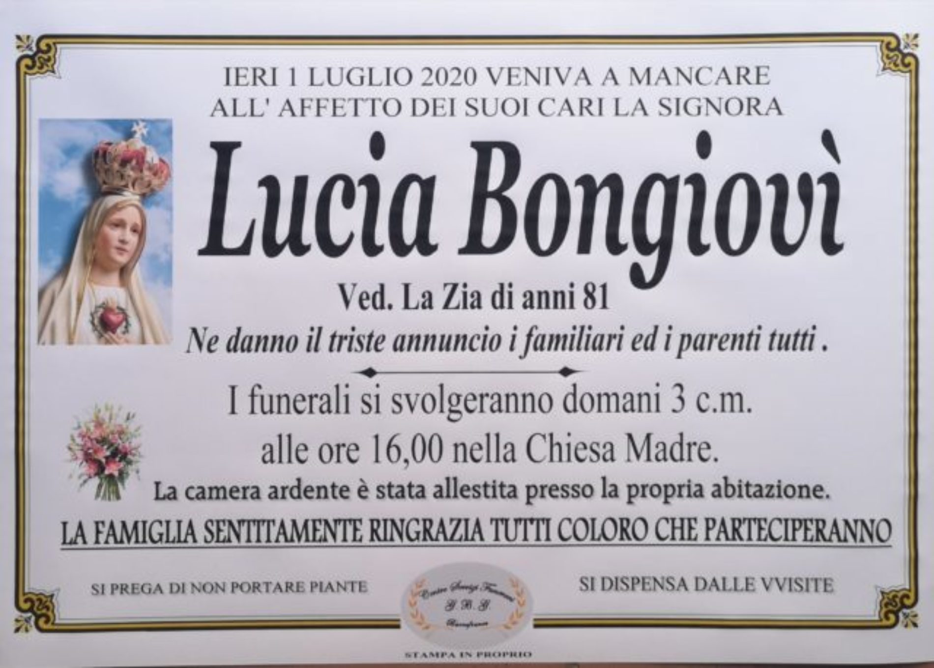 Annuncio Centro servizi funerari G.B.G. Lucia Bongiovì ved La Zia anni 81
