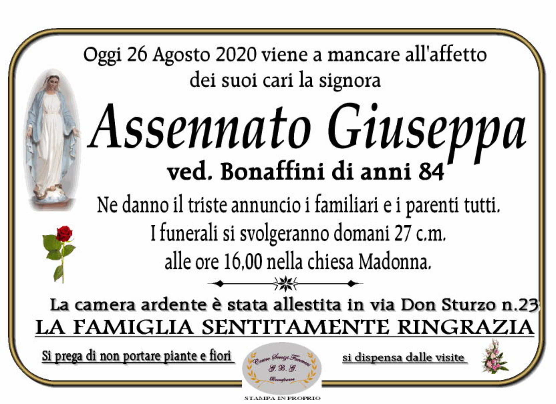 Annuncio Centro servizi funerari G.B.G Assennato Giuseppa ved Bonaffini anni 84