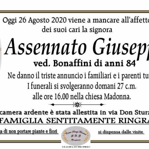 Annuncio Centro servizi funerari G.B.G Assennato Giuseppa ved Bonaffini anni 84
