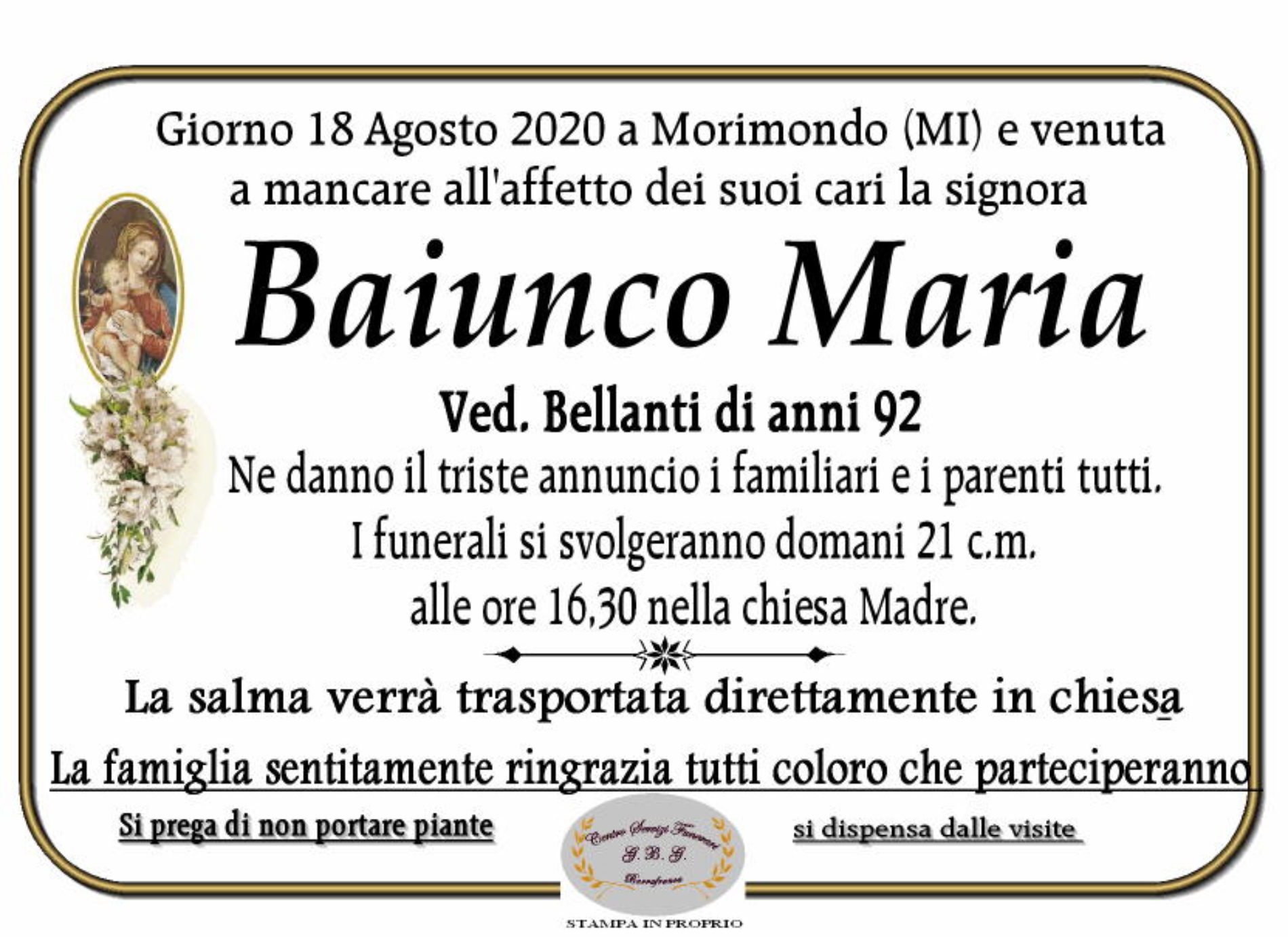 Annuncio Centro servizi funerari G.B.G Baiunco Maria ved Bellanti anni 93