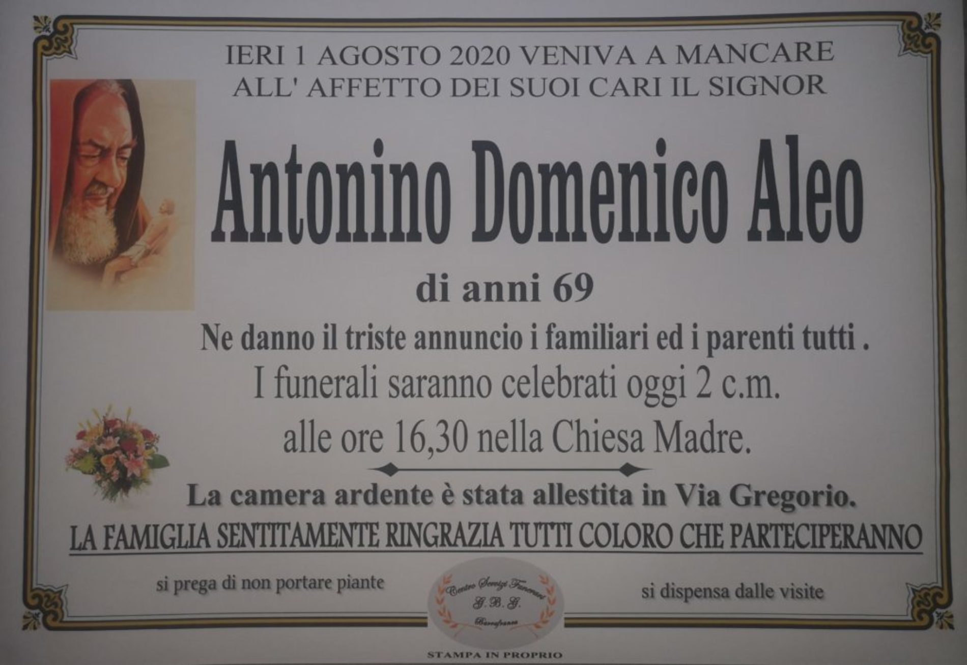Annuncio Centro servizi funerari G.B.G. Antonino Domenico Aleo anni 69