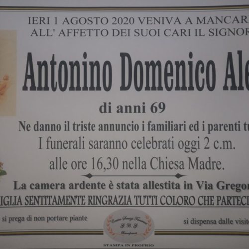 Annuncio Centro servizi funerari G.B.G. Antonino Domenico Aleo anni 69