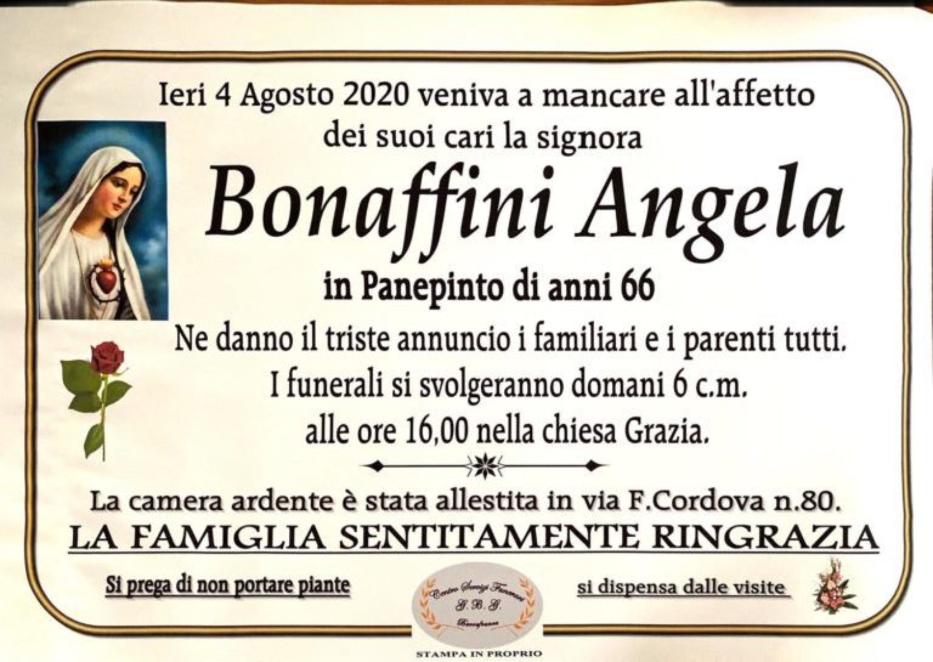 Annuncio Centro servizi funerari G.B.G Bonaffini Angela in Panepinto anni 66