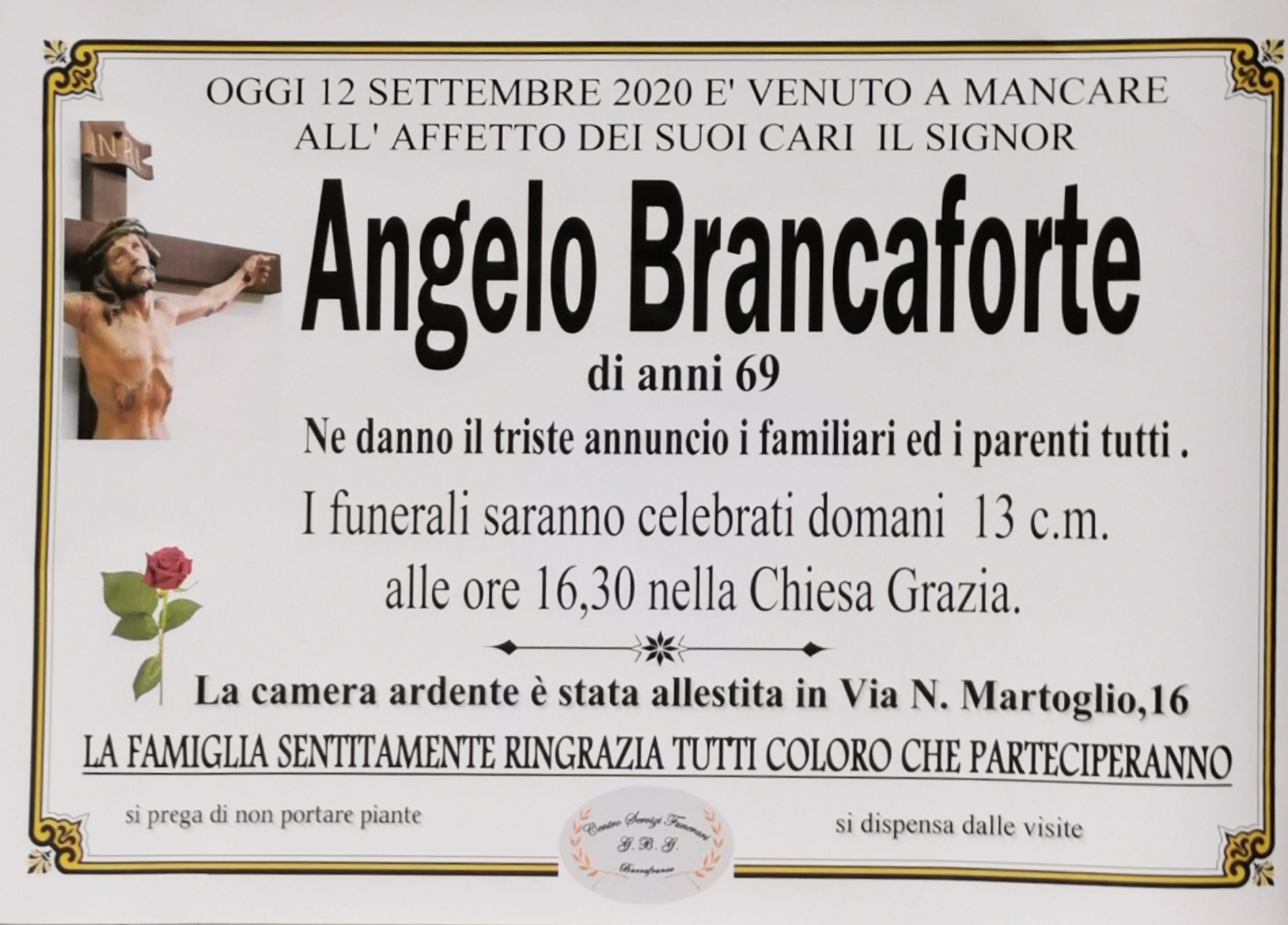 Annuncio servizi funerari G.B.G sig. Angelo Brancaforte anni 69