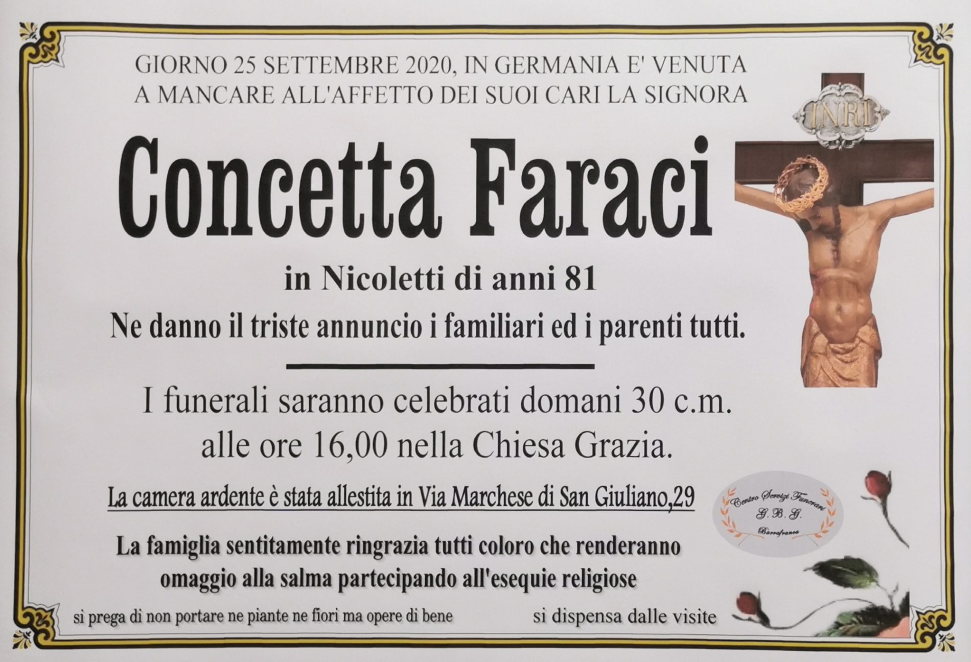 Annuncio servizi funerari G.B.G  Sig.ra Concetta Faraci in Nicoletti anni 81