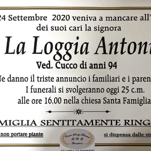 Annuncio servizi funerari G.B.G La Loggia Antonia ved Cucco anni 94