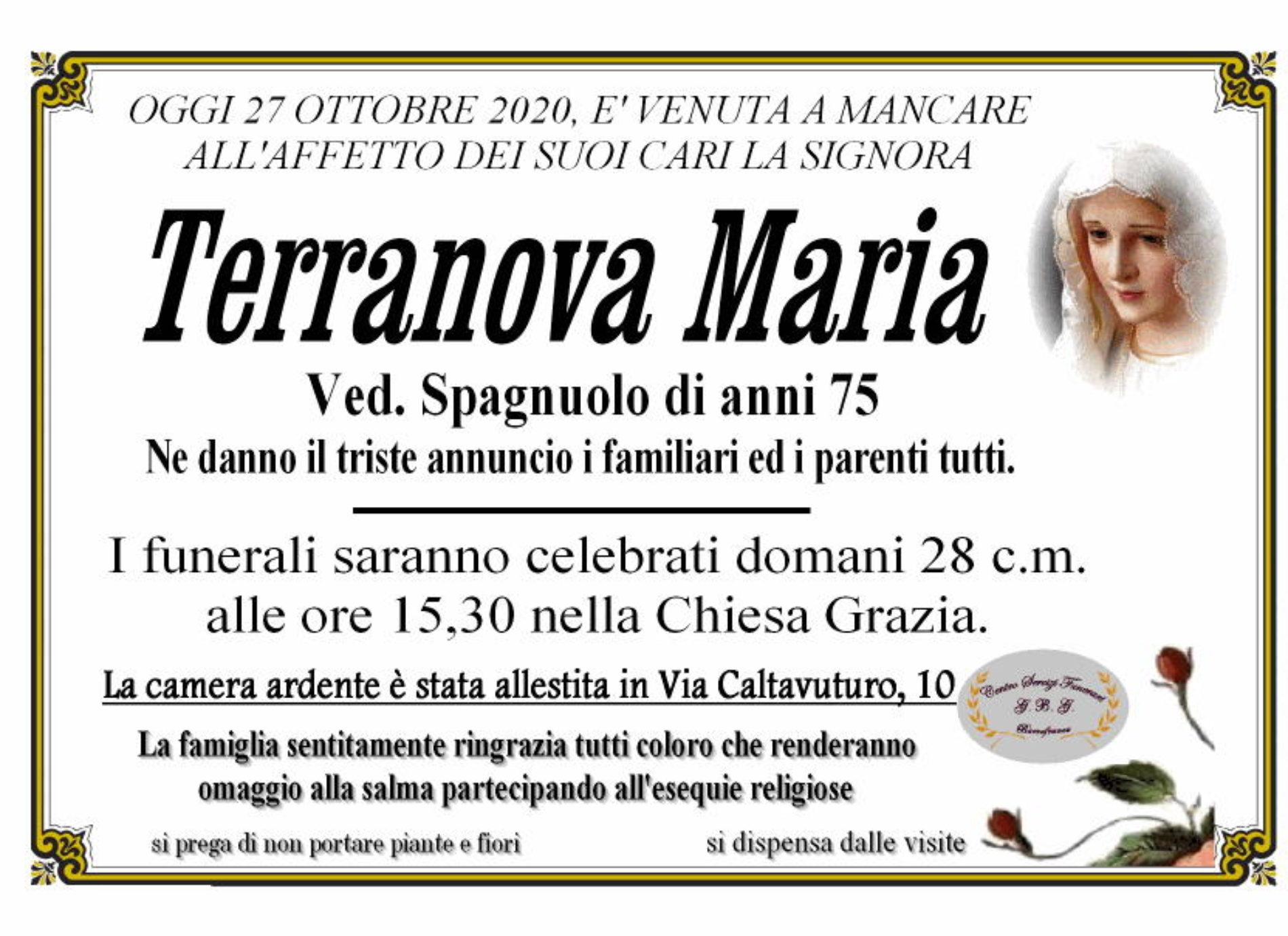 Annuncio servizi funerari G.B.G signora Terranova Maria ved. Spagnolo anni 75