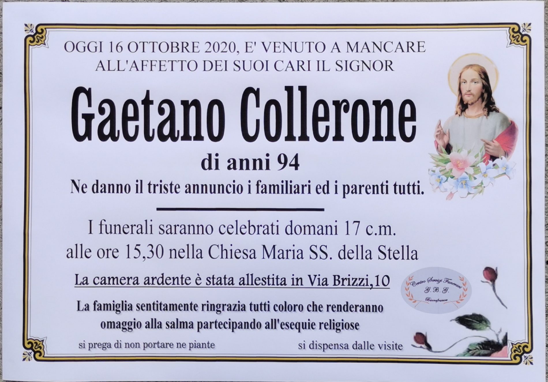 Annuncio servizi funerari G.B.G.  Sig. Gaetano Collerone di anni 94