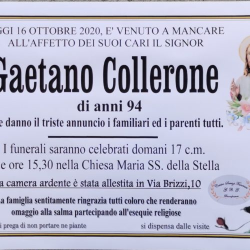 Annuncio servizi funerari G.B.G.  Sig. Gaetano Collerone di anni 94