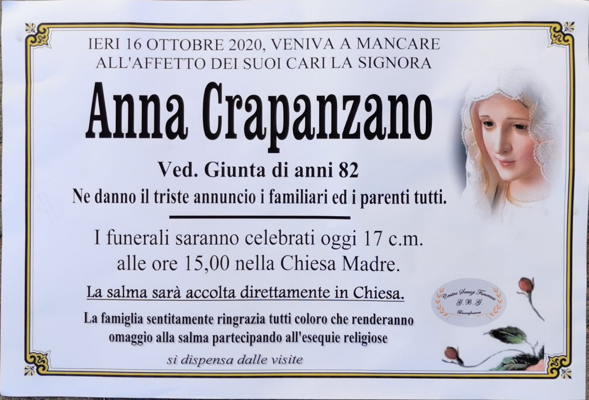 Annuncio servizi funerari G.B.G Sig.ra Anna Crapanzano ved. Giunta di anni 82