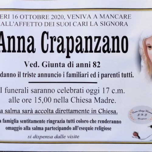 Annuncio servizi funerari G.B.G Sig.ra Anna Crapanzano ved. Giunta di anni 82