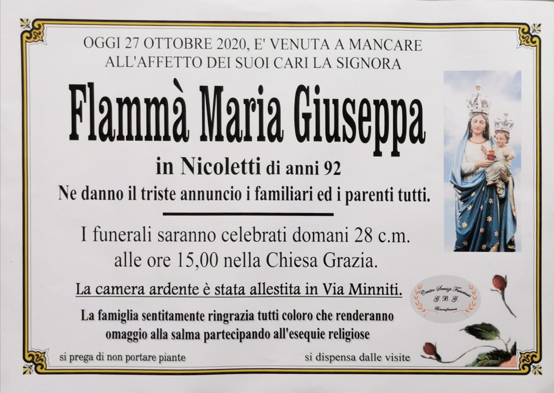 Annuncio servizi funerari agenzia G.B.G. sig.ra Flammà Maria Giuseppa in Nicoletti di anni 92