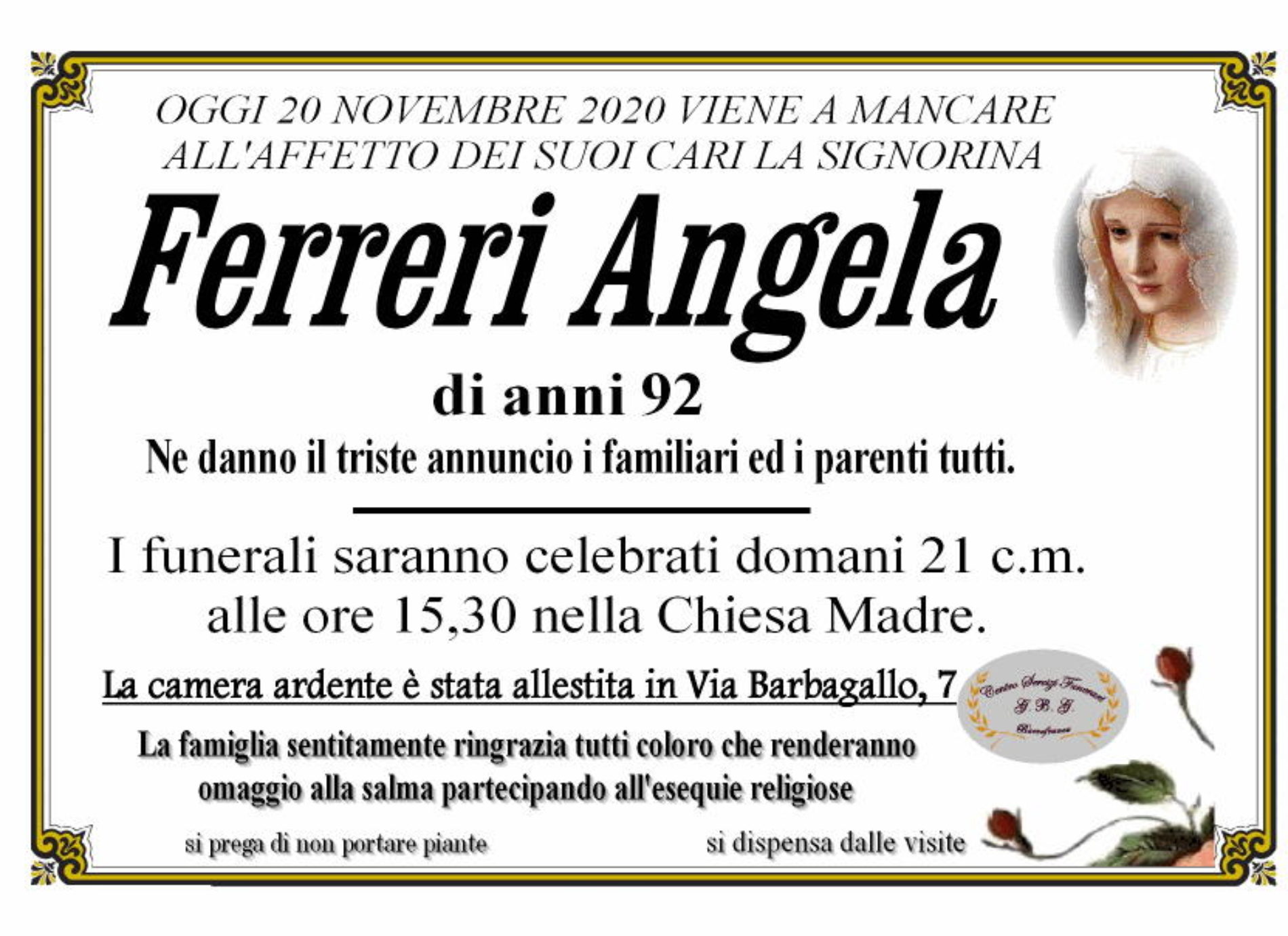 Annuncio servizi funerari agenzia G.B.G. sig.ra Ferreri Angela di anni 92