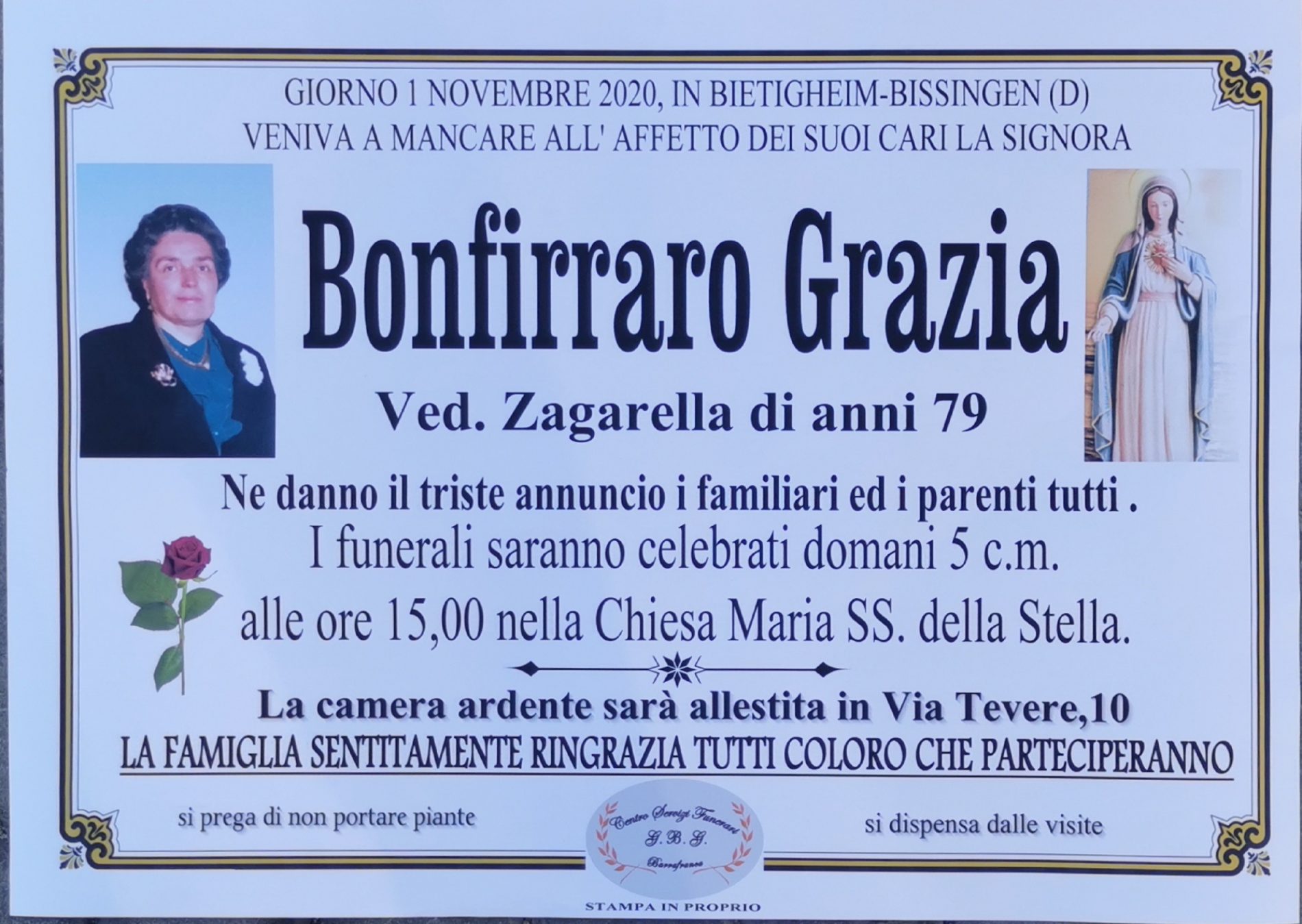 Annuncio agenzia servizi funerari G.B.G. sig.ra Bonfirraro Grazia ved Zagarella anni 79